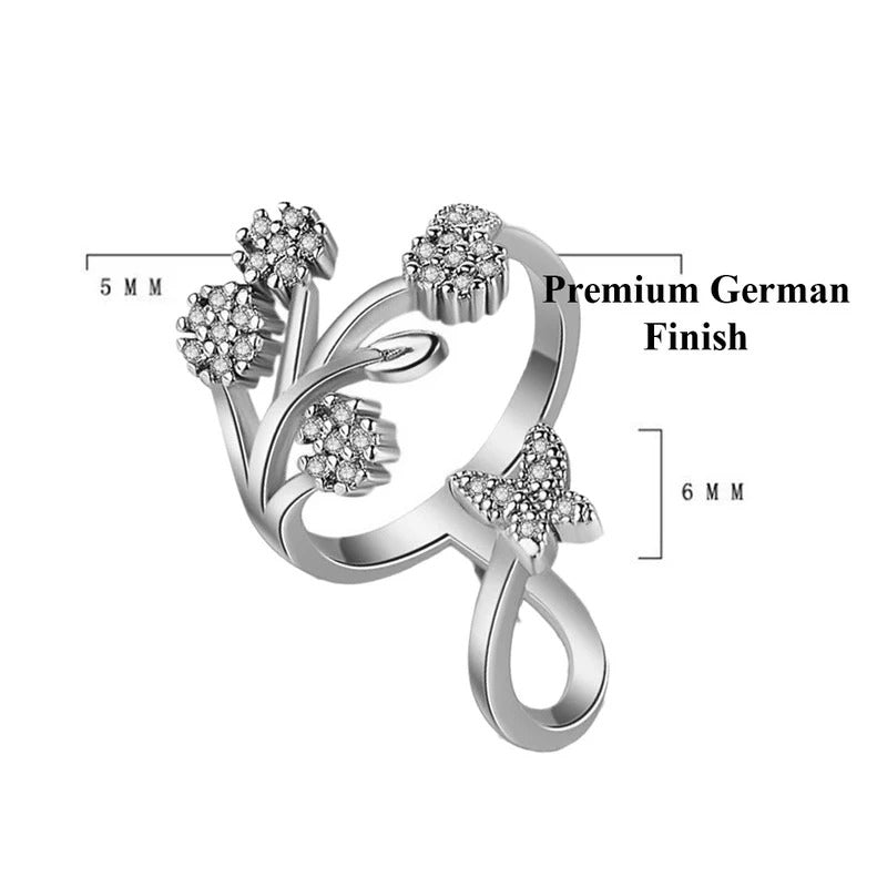 DRIARA 0165 Silver Plated Korean Floral American Diamond Adjustable Ring | Designer CZ Blossom Style Finger Ring for Women & Girls