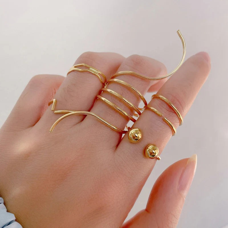 DRIARA 0113Gold-Plated Minimalistic Ring Set for Women (Set of 5) | Adjustable Korean Style Rings