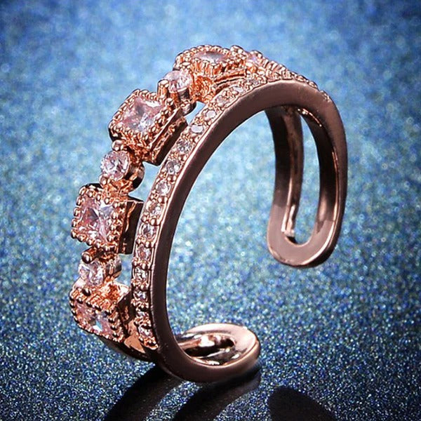 DRIARA 0169 Rose Gold Plated Square CZ Checkered Adjustable Ring | Premium American Diamond Finger Ring for Women & Girls