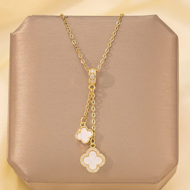 Driara 062 Golden White Clover Pendant Necklace for Women & Girls | Elegant Dual Clover Chain | Premium Korean Jewellery