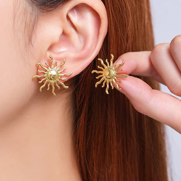 Driara 056 Golden Sun Burst Stud Earrings for Women & Girls | Stylish Party Wear Korean Statement Earrings | Lightweight Anti-Tarnish Jewellery