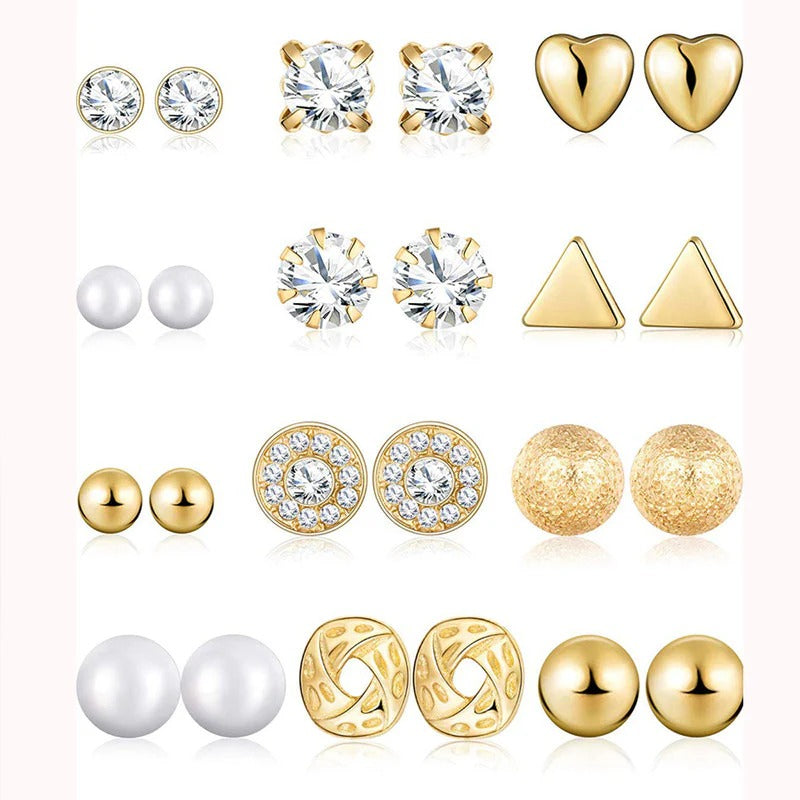 Driara 0128 12-Pair AD, Pearl & Gold Stud Earring Combo | Premium Multi-Design Stud Set for Women & Girls