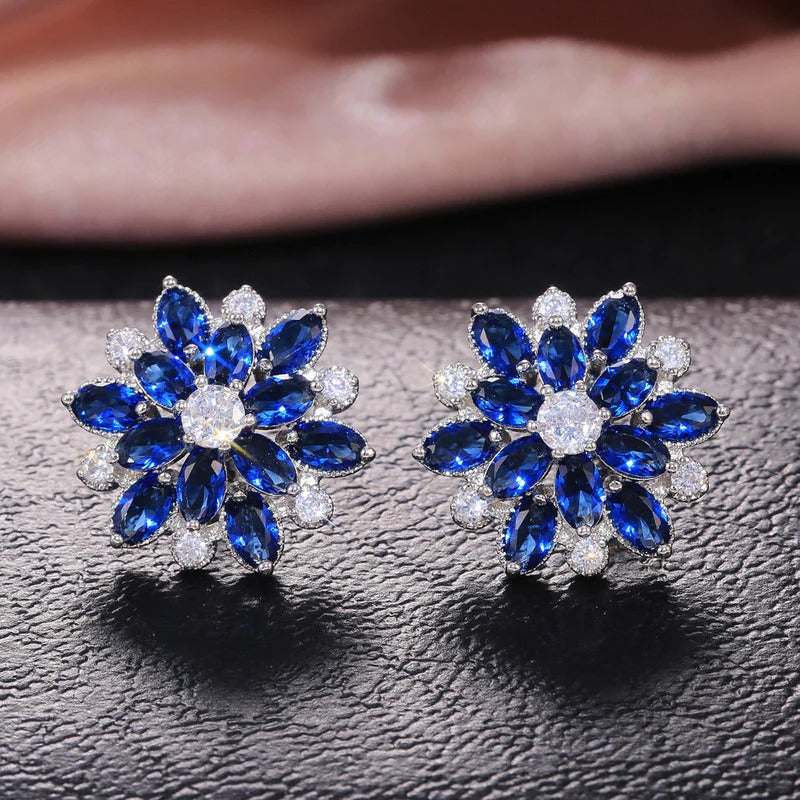 Driara 076 Blue Crystal Flower Stud Earrings for Women & Girls | Premium American Diamond Party Wear Studs | Elegant Royal Blue Jewellery