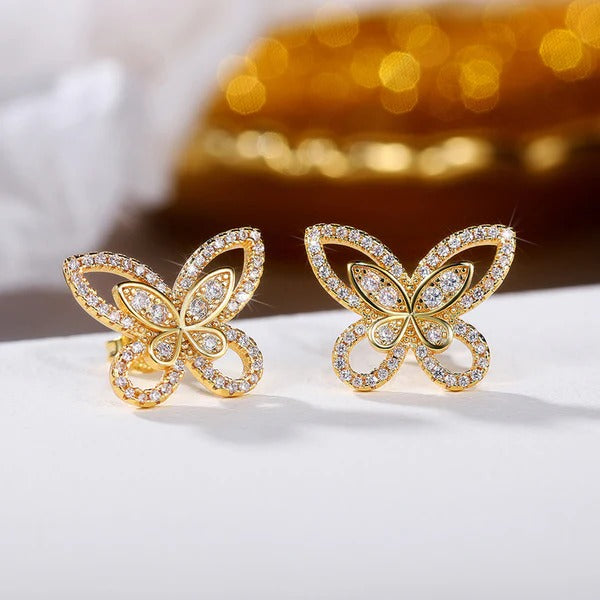 Driara 080 Rose Gold Butterfly Crystal Stud Earrings for Women & Girls | Sparkling AD Stone Butterfly Earrings | Trendy Daily & Party Wear Jewellery