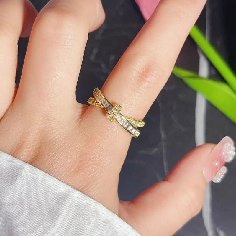 DRIARA 098 Gold-Plated Cross Over AD Stone Adjustable Ring for Women | Korean Style | Stylish Daily Wear Jewellery