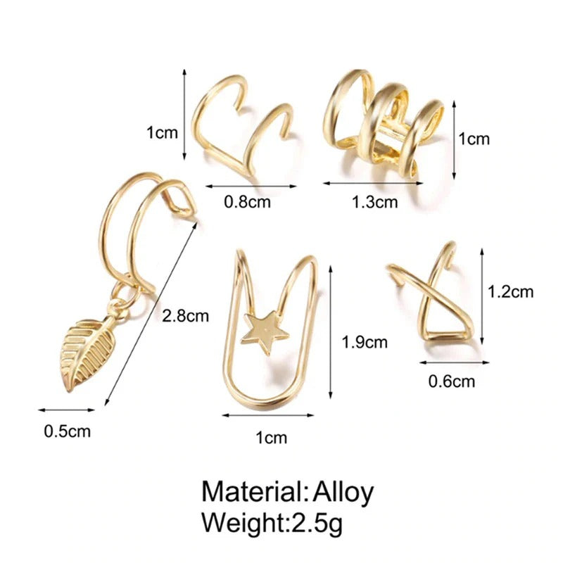 DRIARA 0106 Gold-Plated Korean Minimal Ear Cuff Earring Set for Women & Girls | 5-Piece Non-Pierced Stylish Ear Cuffs