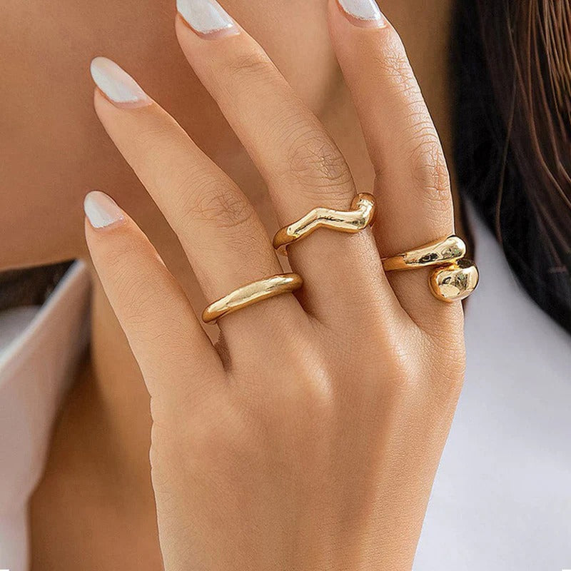 Driara 0141 Gold Plated Bold & Smooth Stackable Ring Set | Adjustable Finger Rings Combo (Set of 3)