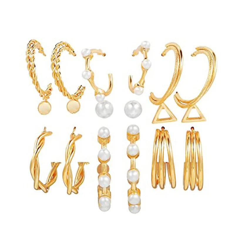 Driara 0127  9-Pair Gold & Pearl Hoop Earring Combo | Premium Studs & Hoops Set for Women & Girls