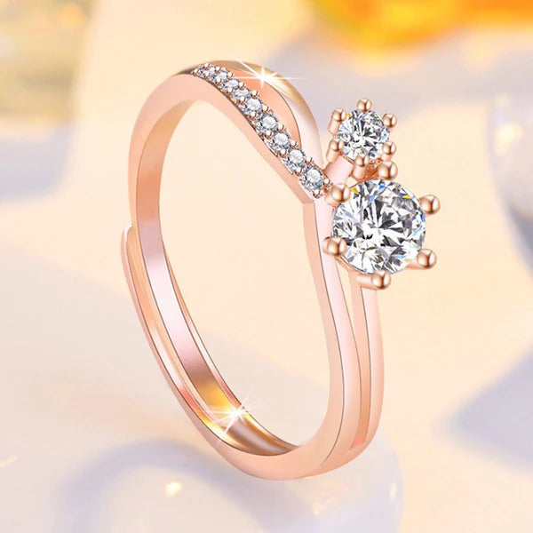 DRIARA 0175  Rose Gold Plated Double Stone CZ Adjustable Korean Ring | Stylish Finger Ring for Women & Girls