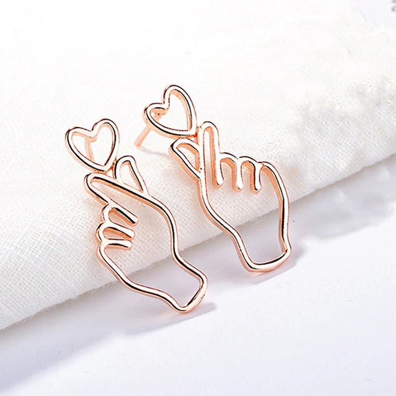 DRIARA 092 Rose Gold-Plated Korean Heart Finger Earring Studs | Trendy Cute Hand Gesture Design | Lightweight & Anti-Tarnish
