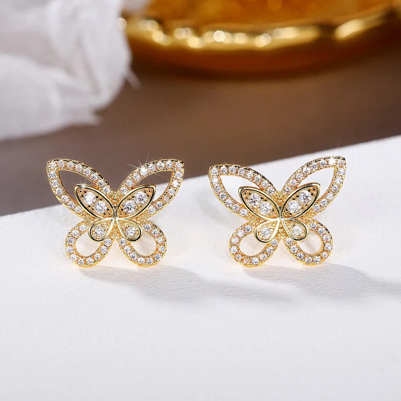 Driara 080 Rose Gold Butterfly Crystal Stud Earrings for Women & Girls | Sparkling AD Stone Butterfly Earrings | Trendy Daily & Party Wear Jewellery