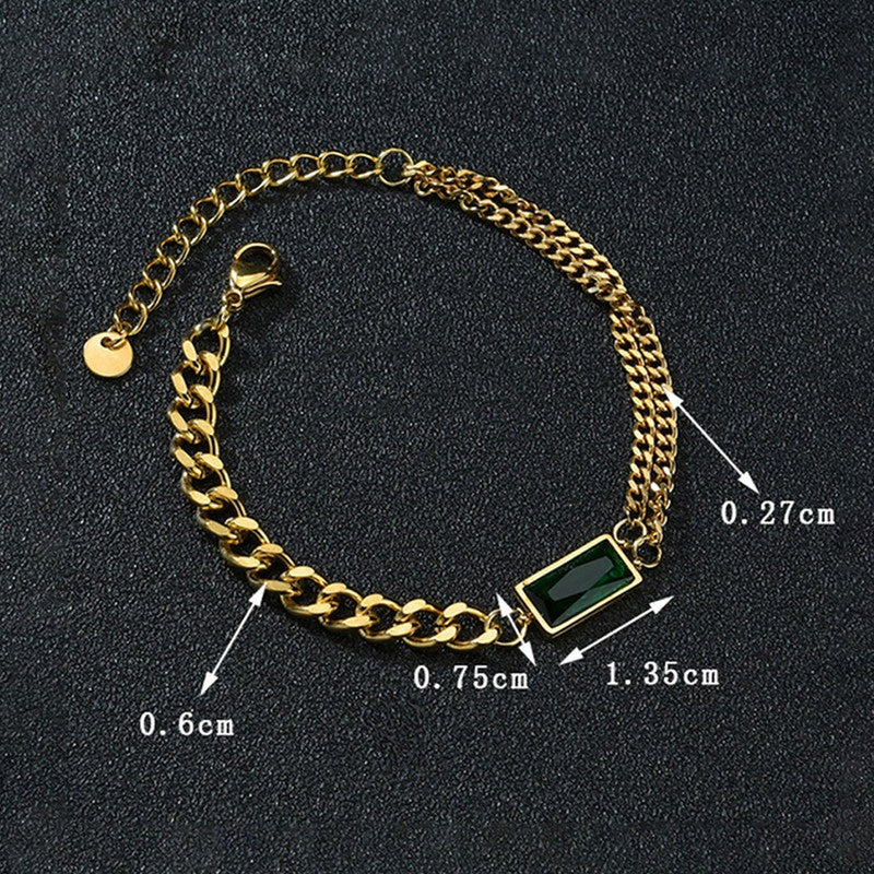 DRIARA 0112  Gold-Plated Green Stone Chain Bracelet for Women | Elegant Adjustable Link Bracelet