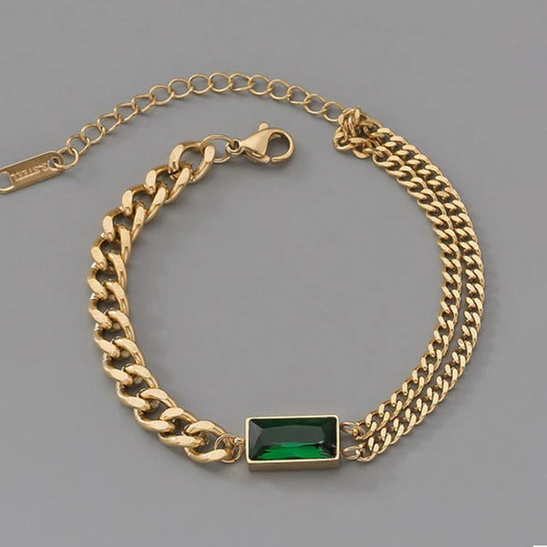 DRIARA 0112  Gold-Plated Green Stone Chain Bracelet for Women | Elegant Adjustable Link Bracelet
