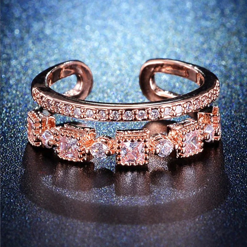 DRIARA 0169 Rose Gold Plated Square CZ Checkered Adjustable Ring | Premium American Diamond Finger Ring for Women & Girls