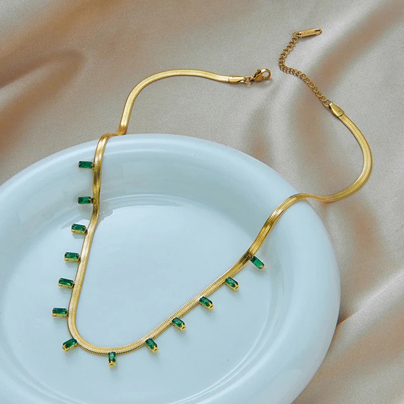 DRIARA 0104 Gold-Plated Green Emerald Studded Snake Chain Necklace for Women | Minimal Elegant Daily Wear Necklace