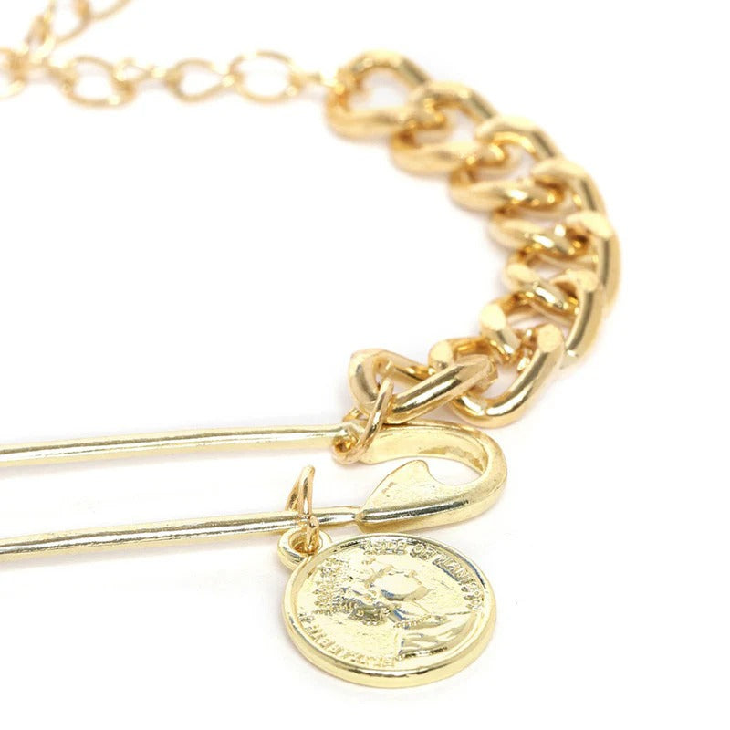 Driara 026 Gold Plated Chunky Chain Bracelet with Safety Pin Charm for Women & Girls – Trendy Korean Style Fashion Bracelet