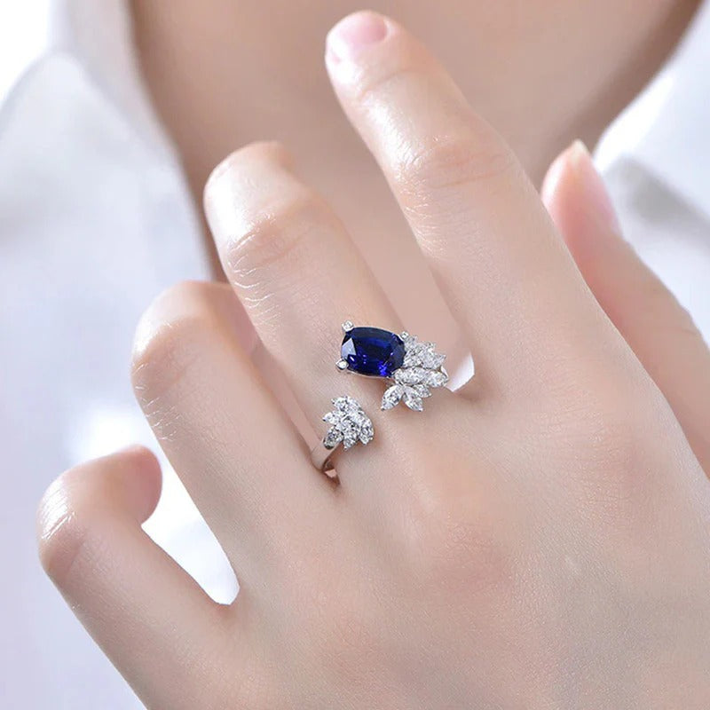DRIARA 0150 Silver Plated Navy Blue Crushed Ice Cut Stone Cocktail Ring | Premium American Diamond Floral Finger Ring for Women