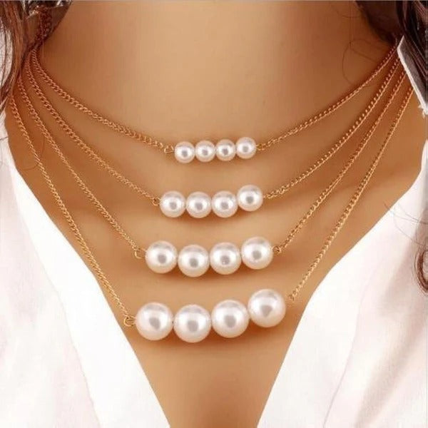 DRIARA 0184  White Gold Plated Multi-Layer Pearl Necklace | Elegant Multi-Strand Layered Pearl Chain for Women & Girls