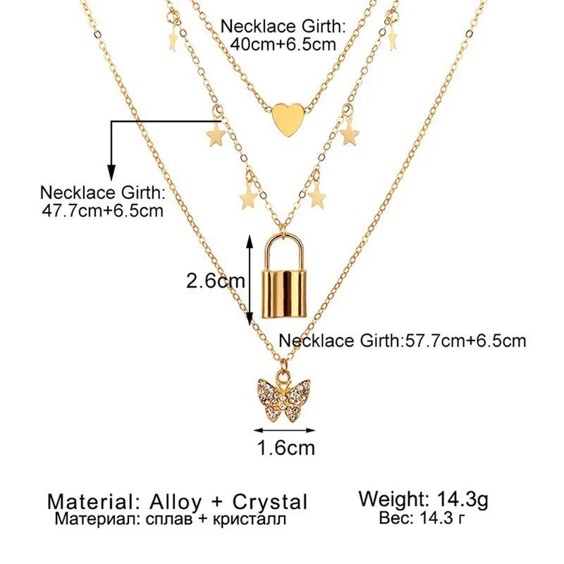 Driara 031  3 Layer Heart, Lock & Butterfly Korean Style Necklace for Women | Trendy Multi-Chain Jewellery