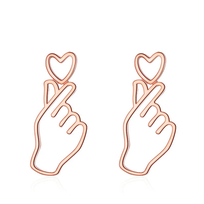 DRIARA 092 Rose Gold-Plated Korean Heart Finger Earring Studs | Trendy Cute Hand Gesture Design | Lightweight & Anti-Tarnish