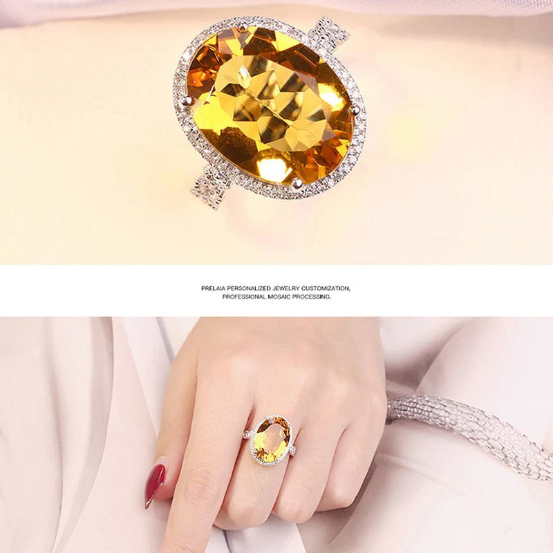 DRIARA 0149 Silver Plated Yellow Oval Stone Cocktail Ring | Crushed Ice Cut American Diamond Finger Ring for Women
