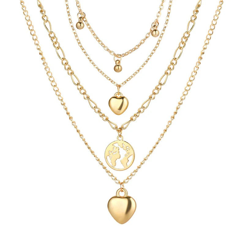 Driara 030 4 Layer Rose Gold Heart & Medallion Necklace Set for Women | Korean Multi-Layer Chain Jewellery