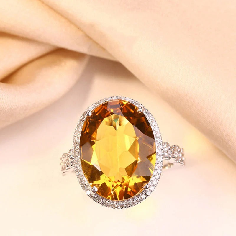 DRIARA 0149 Silver Plated Yellow Oval Stone Cocktail Ring | Crushed Ice Cut American Diamond Finger Ring for Women