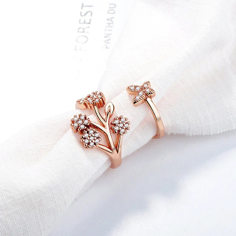 DRIARA 0177 Rose Gold Plated Floral Branch CZ Adjustable Korean Finger Ring | Elegant Women’s Fashion Ring