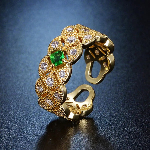 Driara 087 Gold-Plated Green Stone Sparkling AD Adjustable Ring for Women & Girls | Premium Party Wear Finger Ring | Korean Style
