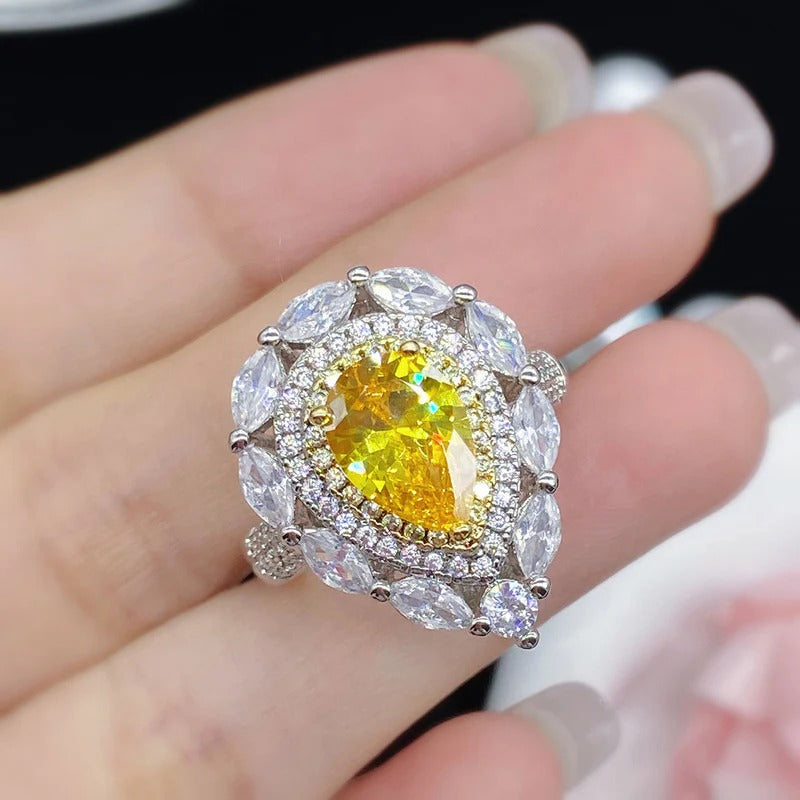 Driara 0148 Silver Plated Yellow Teardrop Solitaire Ring | Premium Ice-Cut CZ American Diamond Finger Ring for Women & Girls