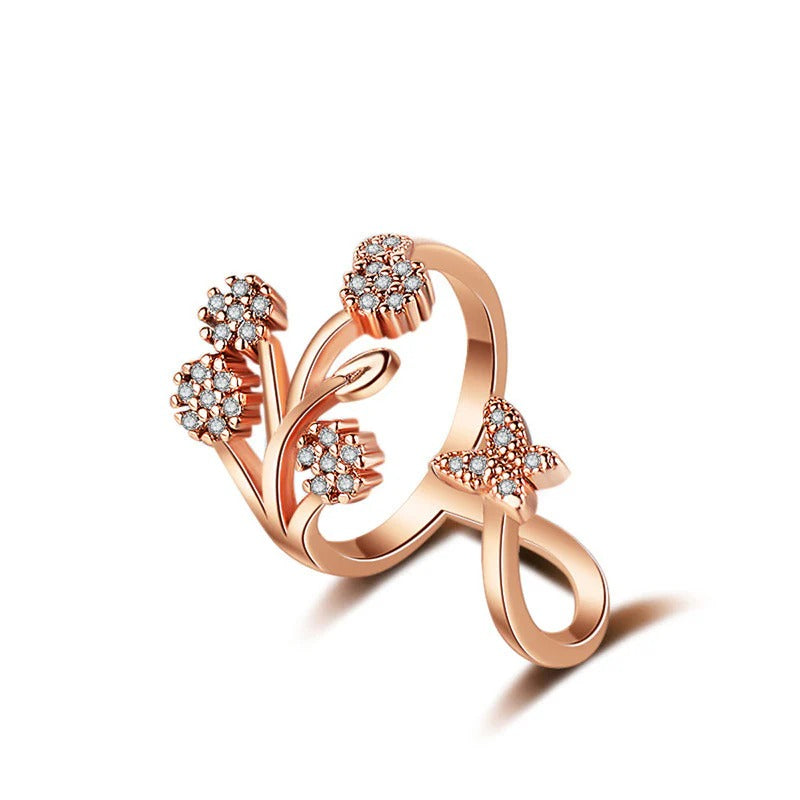 DRIARA 0177 Rose Gold Plated Floral Branch CZ Adjustable Korean Finger Ring | Elegant Women’s Fashion Ring