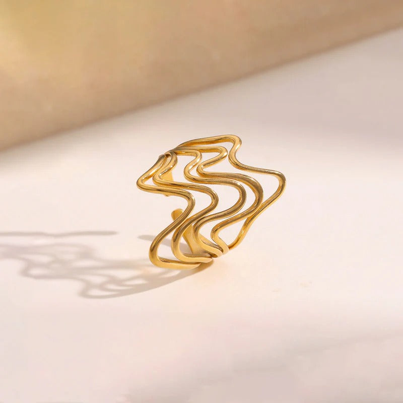 Driara 067 Golden Wavy Adjustable Ring for Women & Girls | Trendy Korean Multi-Wave Design Ring | Anti-Tarnish Fashion Jewellery