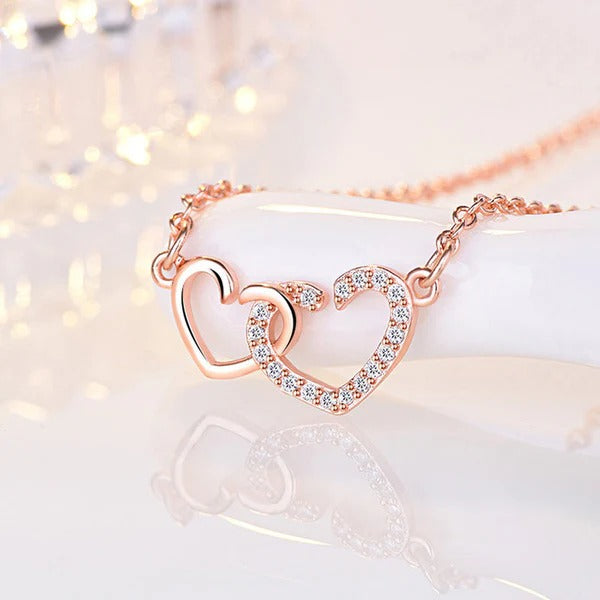 Driara 021 Rose Gold Plated Double Heart Pendant with Chain for Women & Girls – CZ Studded Korean Style Necklace