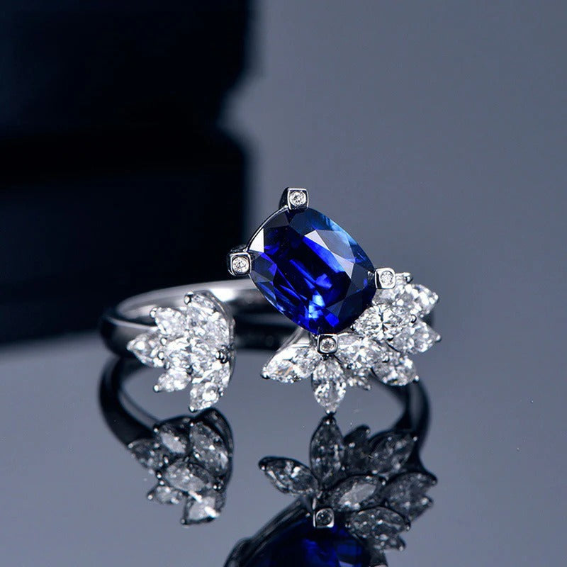 DRIARA 0150 Silver Plated Navy Blue Crushed Ice Cut Stone Cocktail Ring | Premium American Diamond Floral Finger Ring for Women