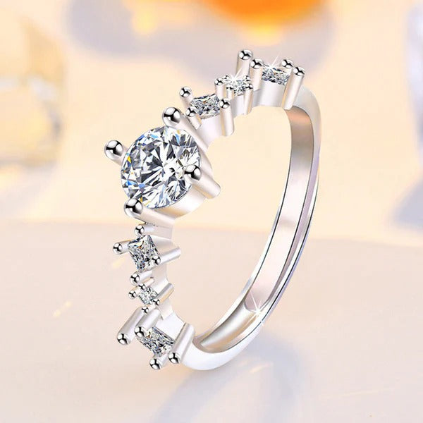 DRIARA 0164 Silver Plated Korean American Diamond Adjustable Finger Ring | Sparkling Multi-Stone CZ Statement Ring for Women & Girls   ---