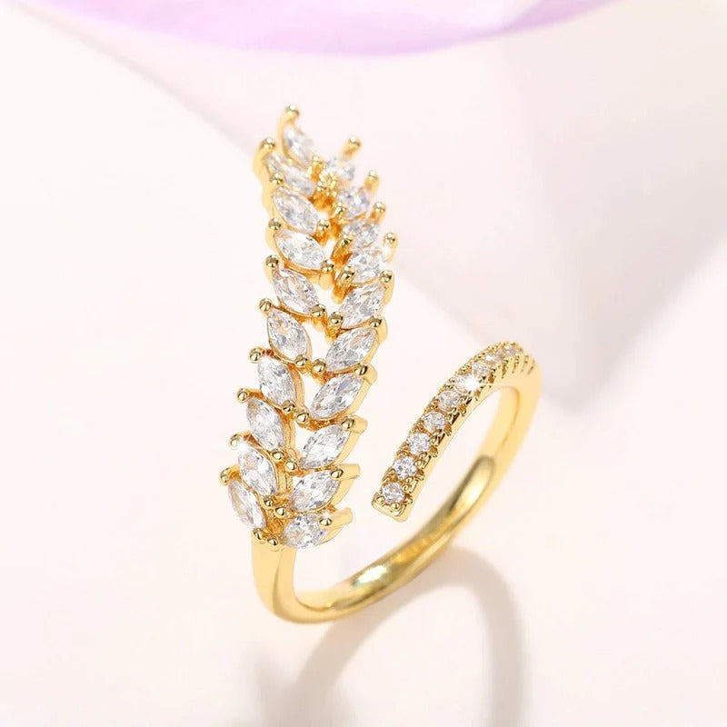 DRIARA 0180 Gold Plated Leaf Inspired CZ Stone-Studded Adjustable Finger Ring | Elegant Leaf Design Ring for Women & Girls