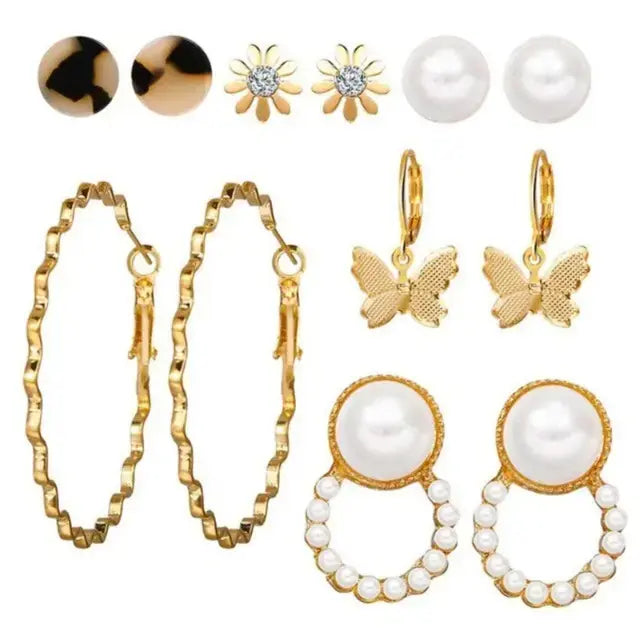 Driara 0123  6-Pair Pearl, Bow & Gold Hoop Earring Combo | Trendy Studs & Hoops Set for Women & Girls