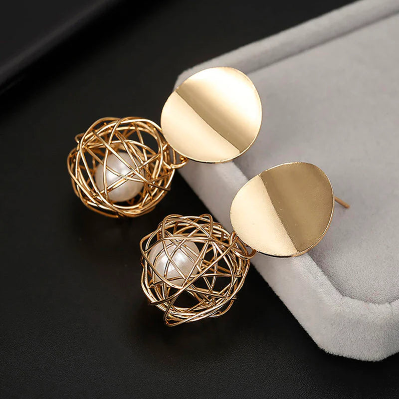 Driara 0132 Gold Plated Mesh Ball Hanging Earrings | Korean Style Big Stud & Ball Drop Earrings for Women & Girls
