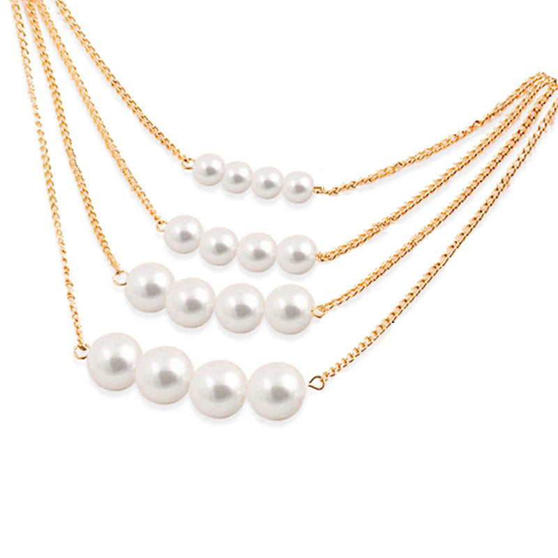 DRIARA 0184  White Gold Plated Multi-Layer Pearl Necklace | Elegant Multi-Strand Layered Pearl Chain for Women & Girls