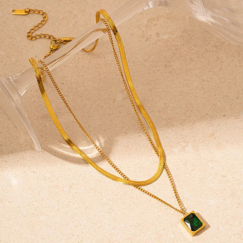DRIARA 0110 Gold-Plated Layered Emerald Pendant Necklace Set for Women | 2-Layer Snake Chain & Square Green Stone Pendant