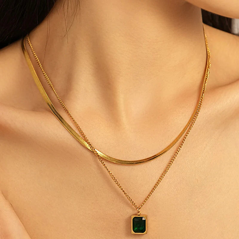 DRIARA 0110 Gold-Plated Layered Emerald Pendant Necklace Set for Women | 2-Layer Snake Chain & Square Green Stone Pendant