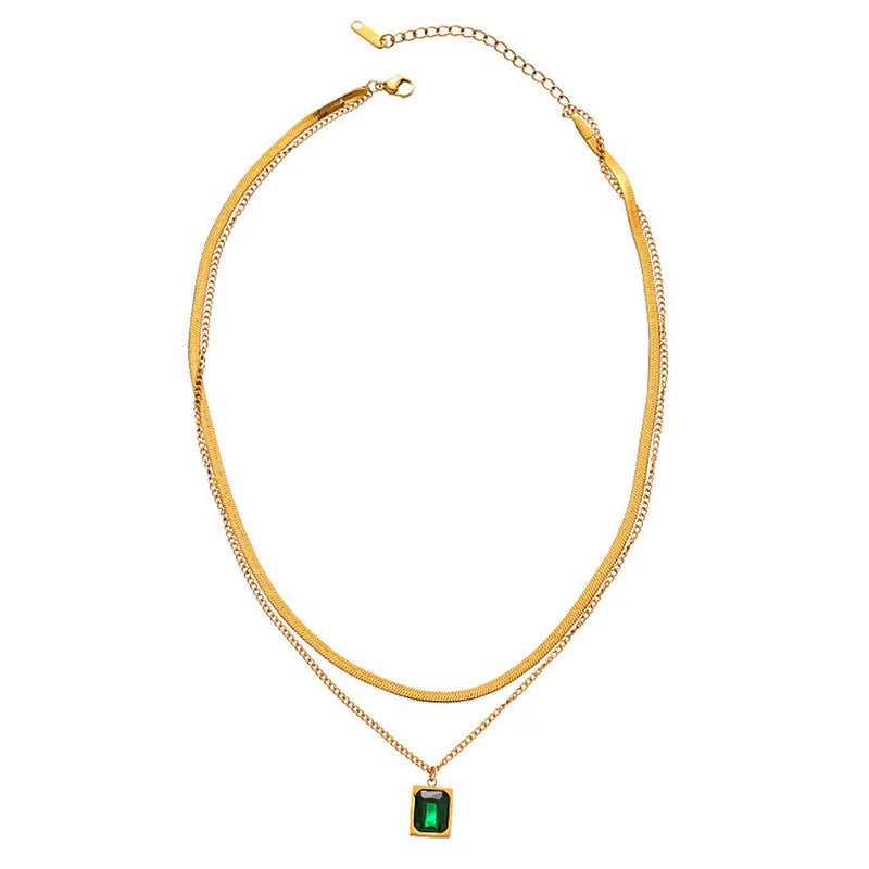 DRIARA 0110 Gold-Plated Layered Emerald Pendant Necklace Set for Women | 2-Layer Snake Chain & Square Green Stone Pendant