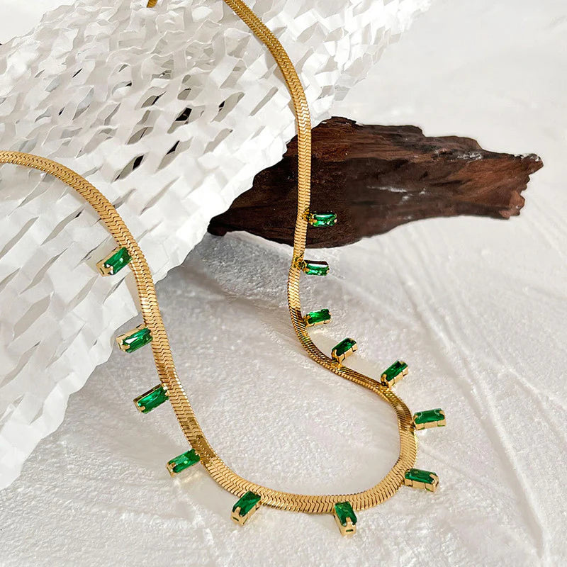DRIARA 0104 Gold-Plated Green Emerald Studded Snake Chain Necklace for Women | Minimal Elegant Daily Wear Necklace