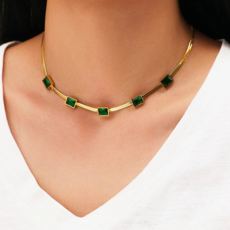 DRIARA 0105 Gold-Plated Square Emerald Stone Snake Chain Necklace for Women | Minimal Elegant Daily Wear Necklace