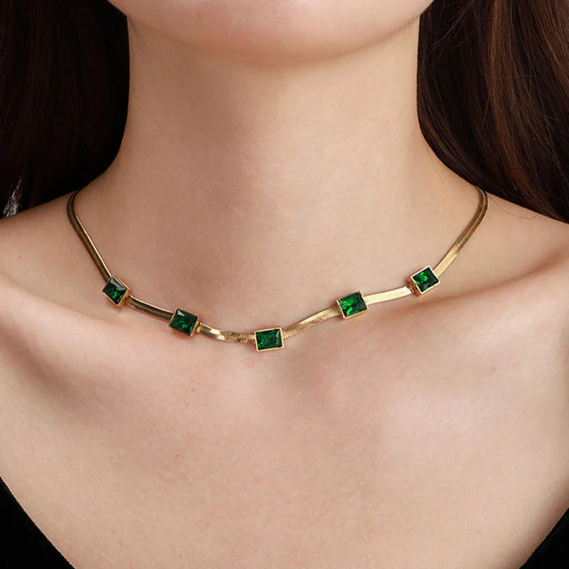 DRIARA 0105 Gold-Plated Square Emerald Stone Snake Chain Necklace for Women | Minimal Elegant Daily Wear Necklace