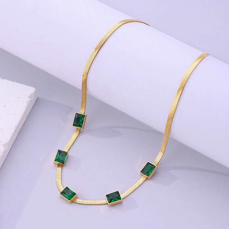 DRIARA 0105 Gold-Plated Square Emerald Stone Snake Chain Necklace for Women | Minimal Elegant Daily Wear Necklace