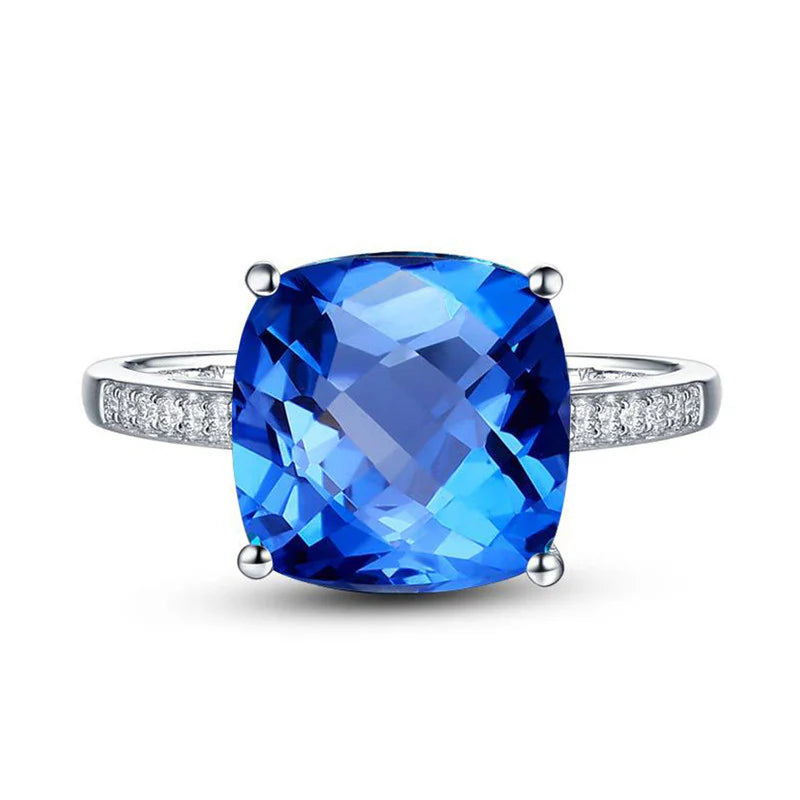 Driara 013 Silver Plated Navy Blue Crushed Ice Cut Square Stone Ring for Women & Girls – Premium AD/CZ Finger Ring