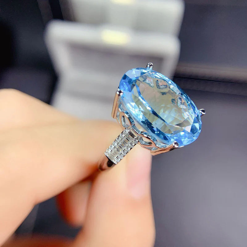 DRIARA 0154 Silver Plated Blue Oval Crushed Ice Cut Stone Ring | Premium American Diamond Finger Ring for Women