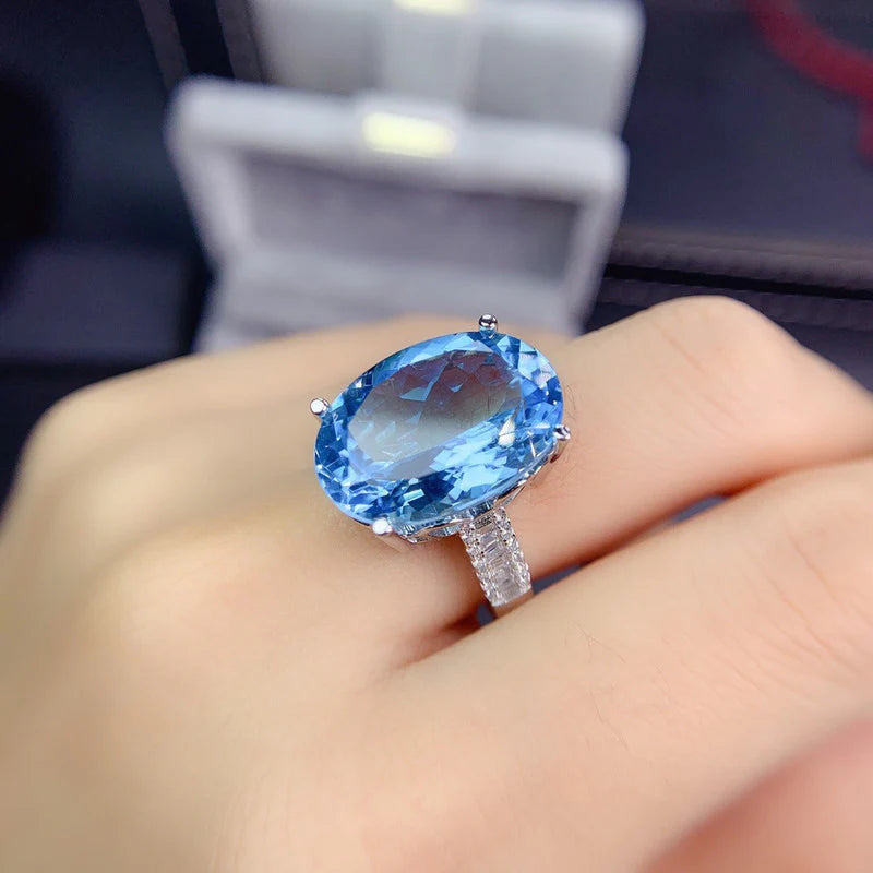 DRIARA 0154 Silver Plated Blue Oval Crushed Ice Cut Stone Ring | Premium American Diamond Finger Ring for Women