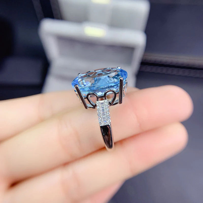 DRIARA 0154 Silver Plated Blue Oval Crushed Ice Cut Stone Ring | Premium American Diamond Finger Ring for Women